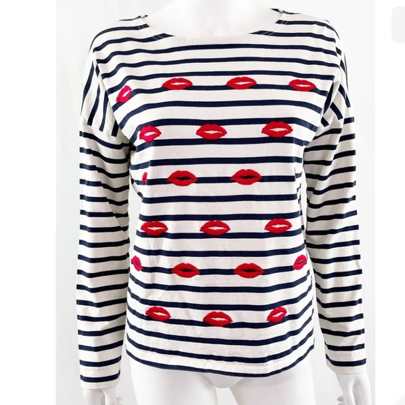 J. Crew Tops - J. Crew top white Blue Striped Long Sleeve Shirt Embroidered red lips kisses M